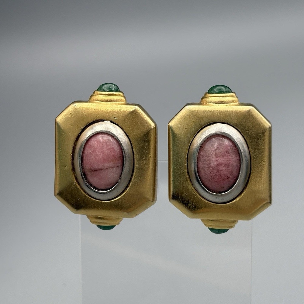 Roxanne Assoulin Clip On Earrings PInk Stone Green Gripoix Etruscan Revival